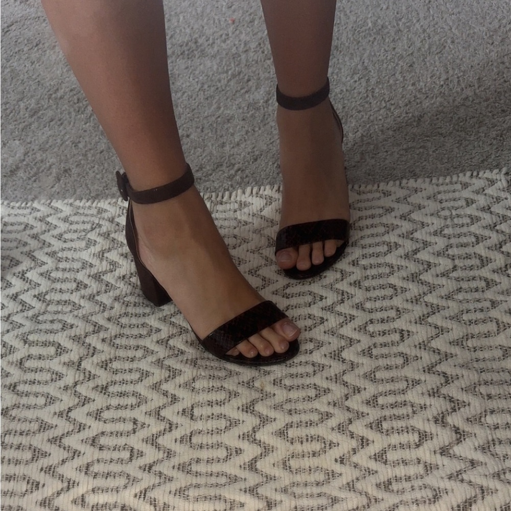 brown and black snake print block heels